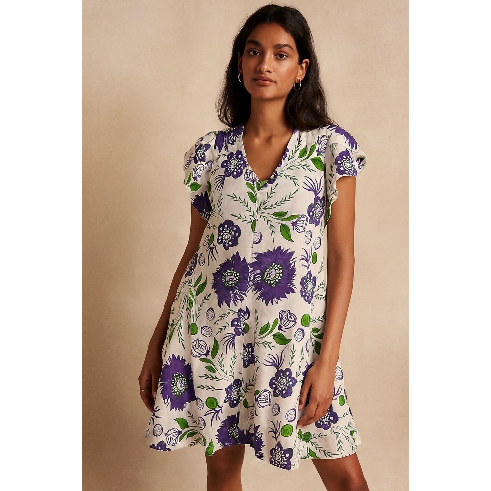 Dragonfly Women's Lagenlook Boho Purple Floral  Dress Mini Short Sleeve- Size XS